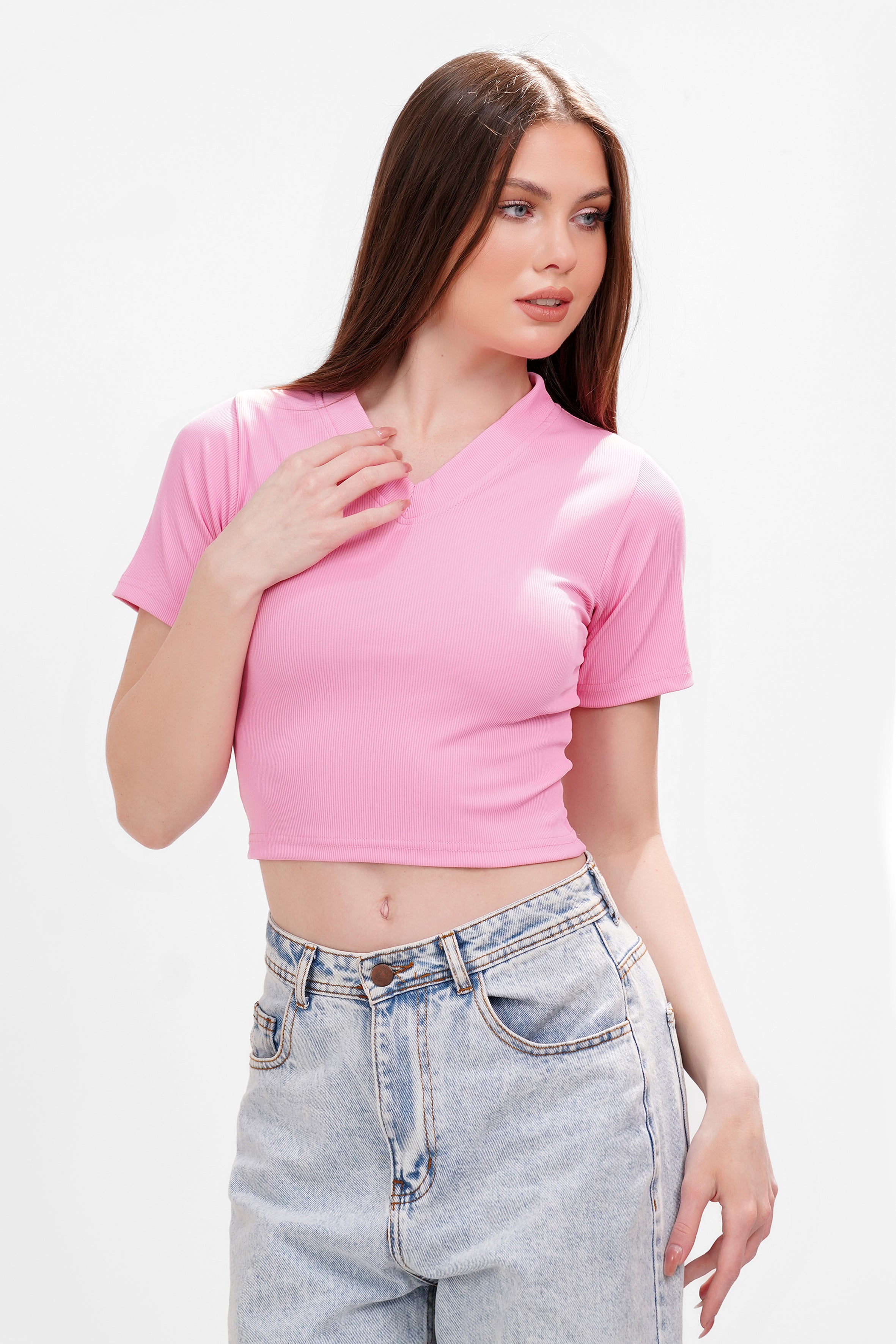 Ribbed V-short sleeve top