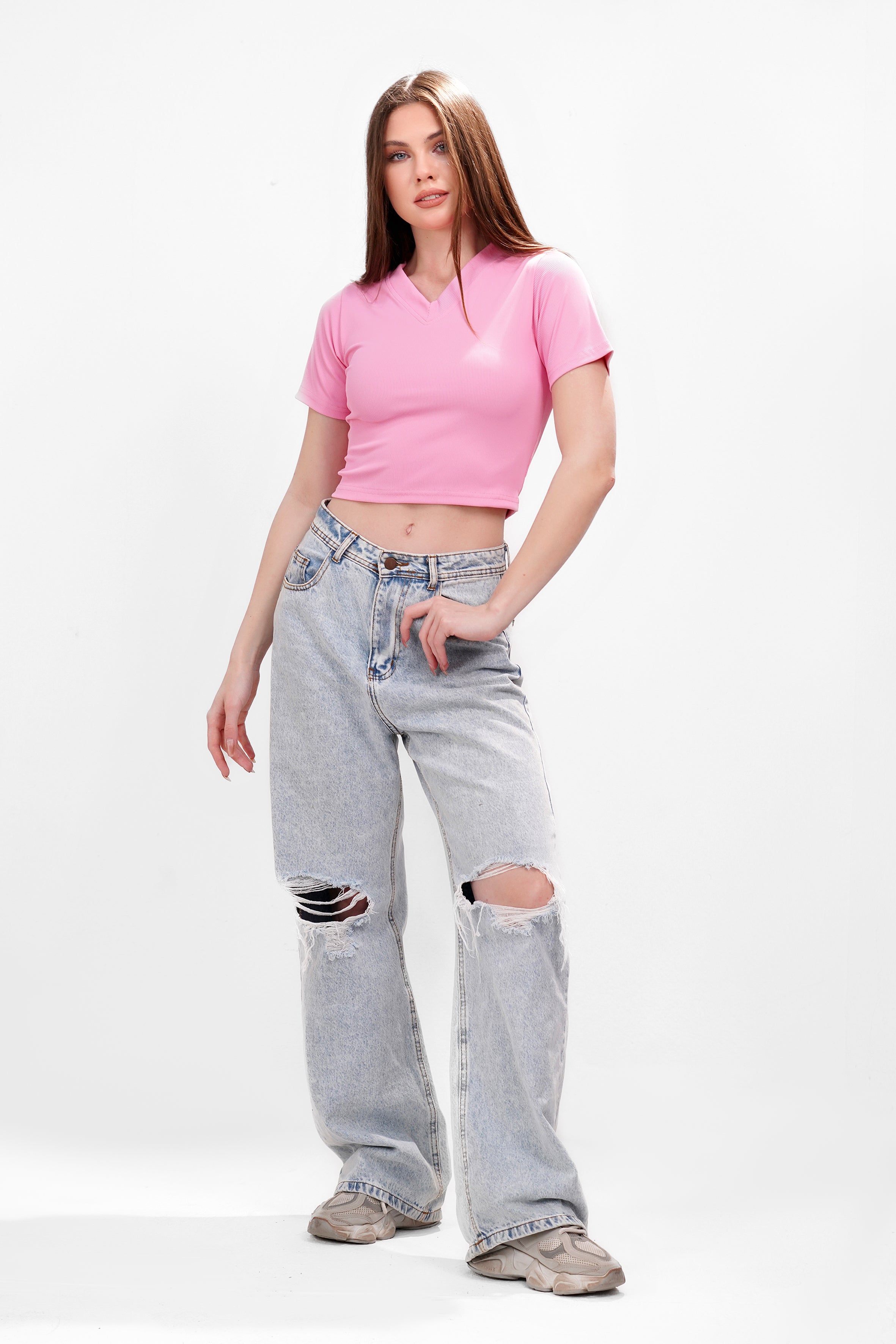 Ribbed V-short sleeve top