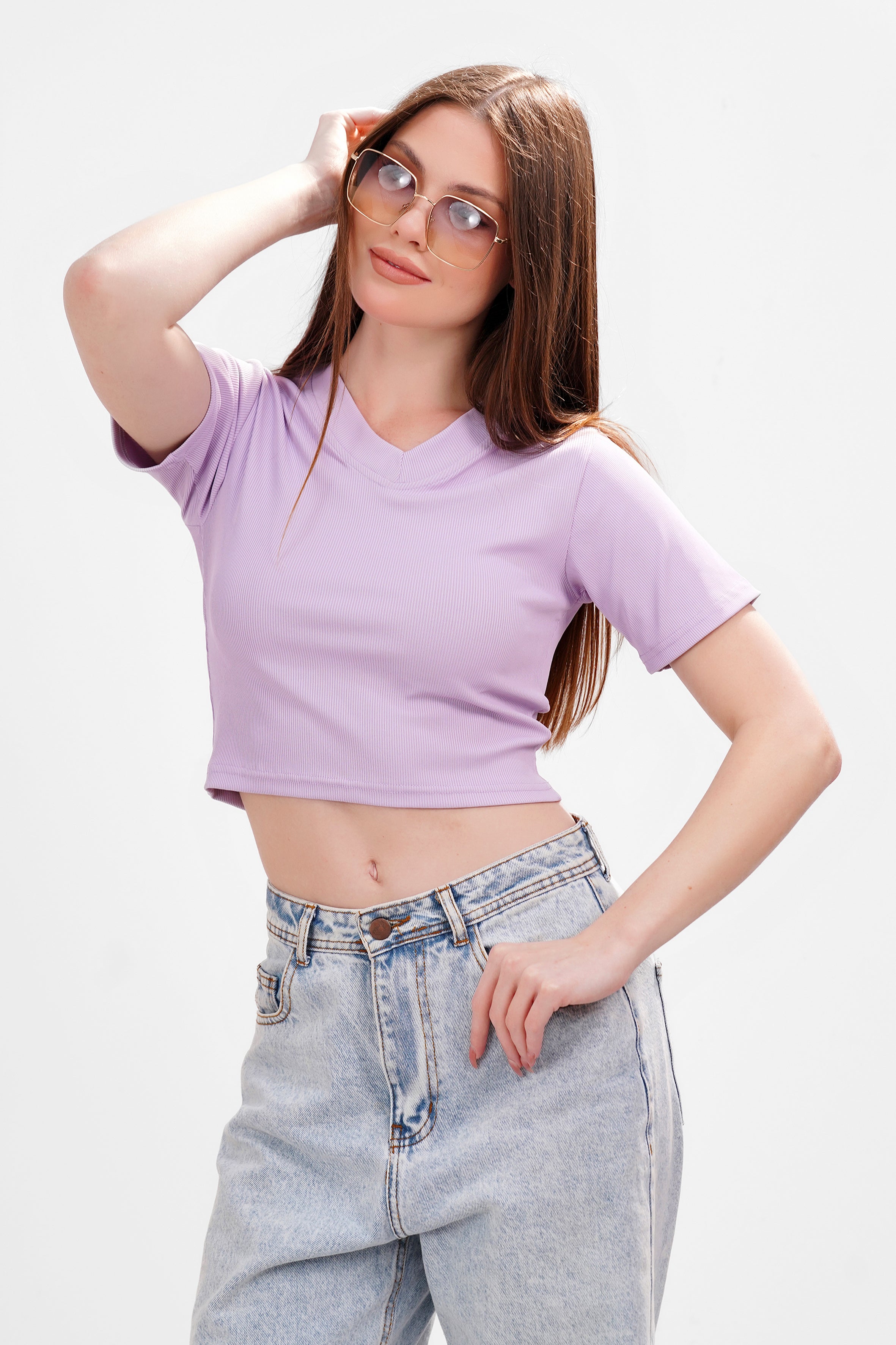 Ribbed V-short sleeve top