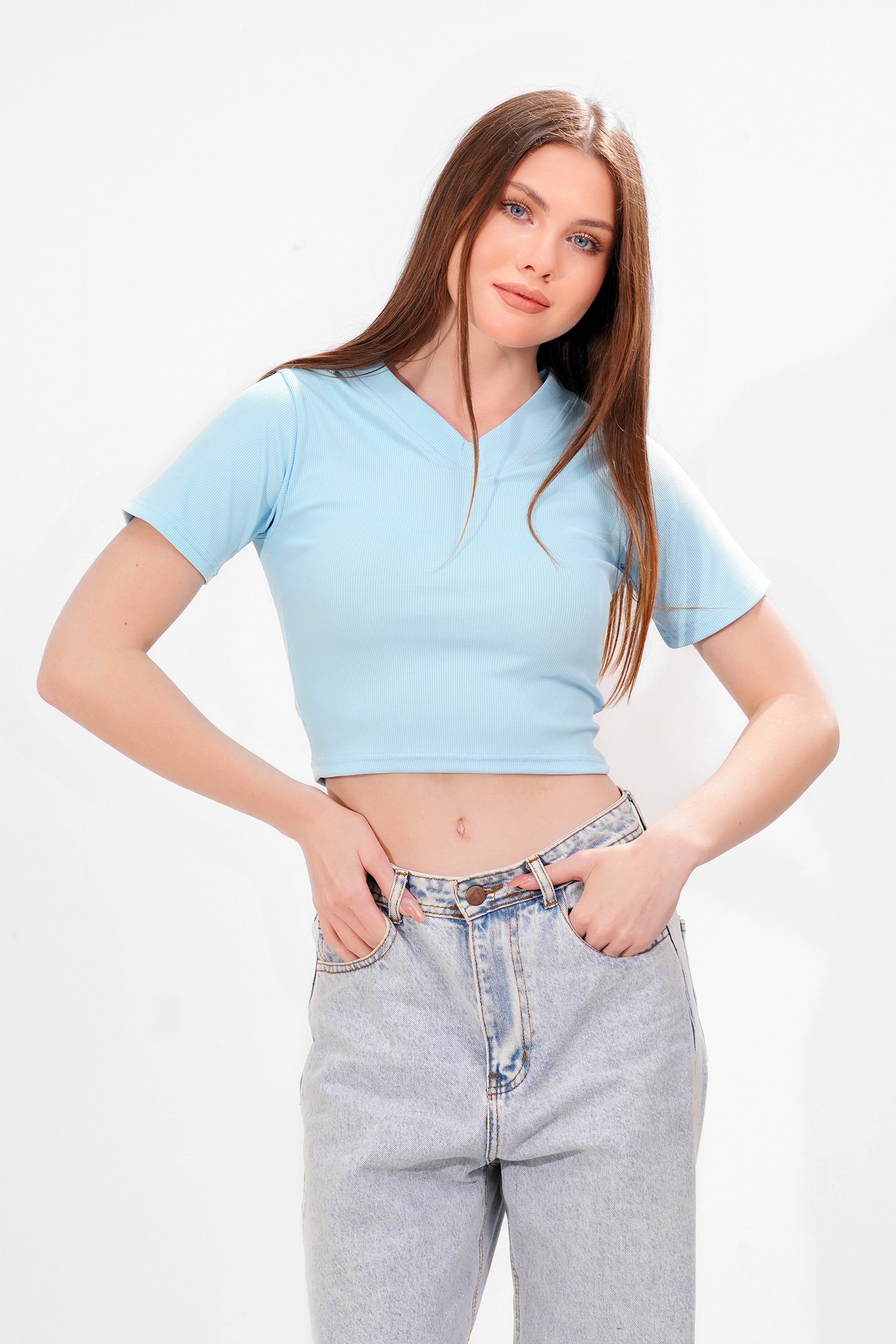 Ribbed V-short sleeve top