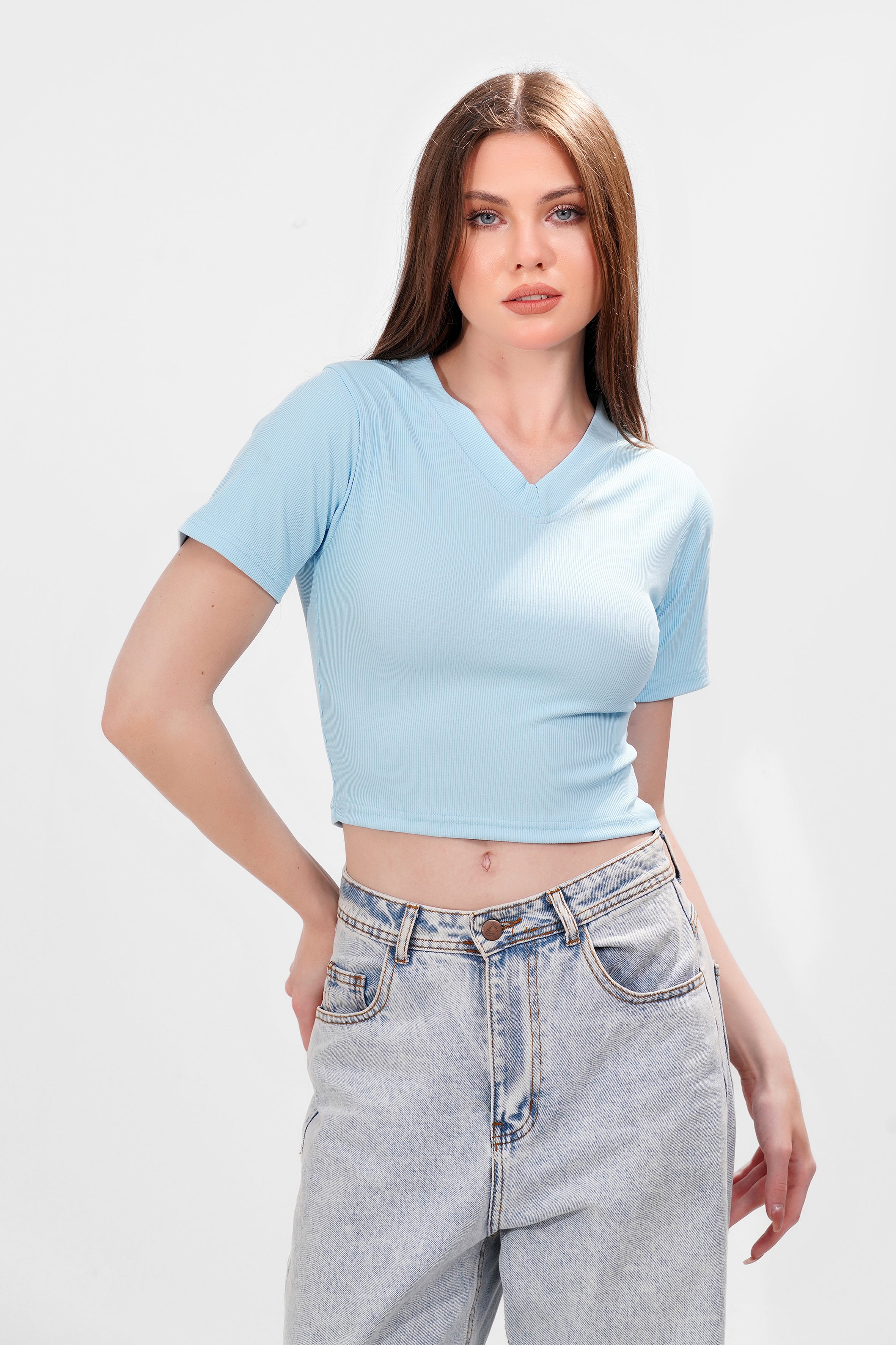 Ribbed V-short sleeve top