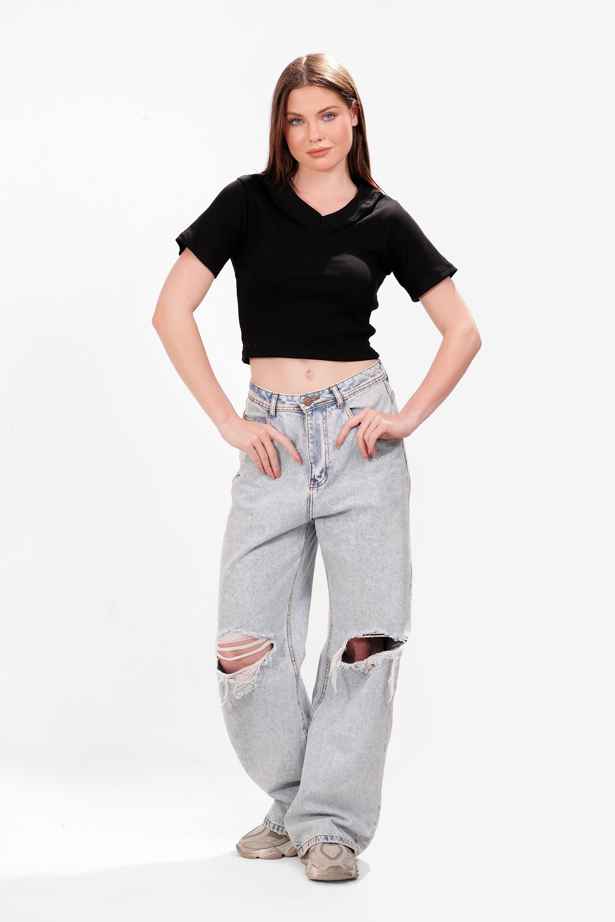 Ribbed V-short sleeve top