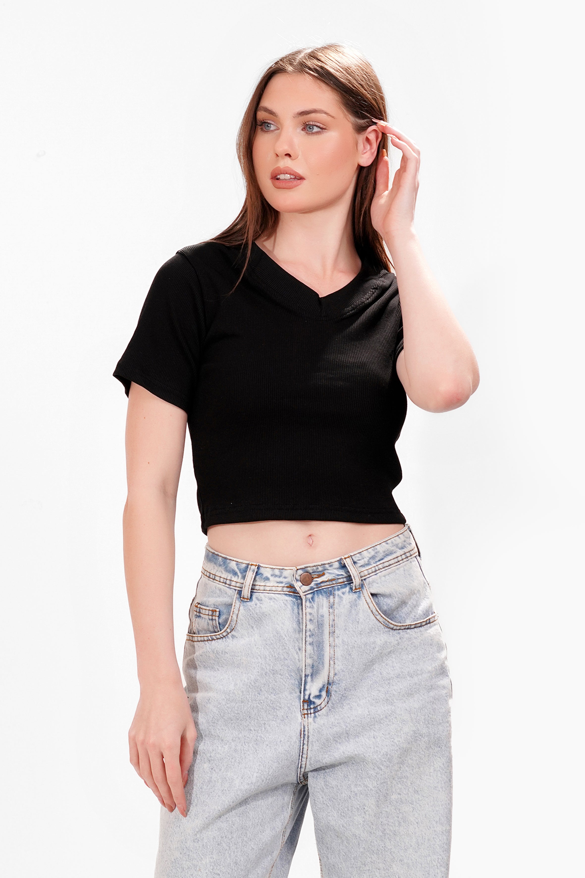 Ribbed V-short sleeve top